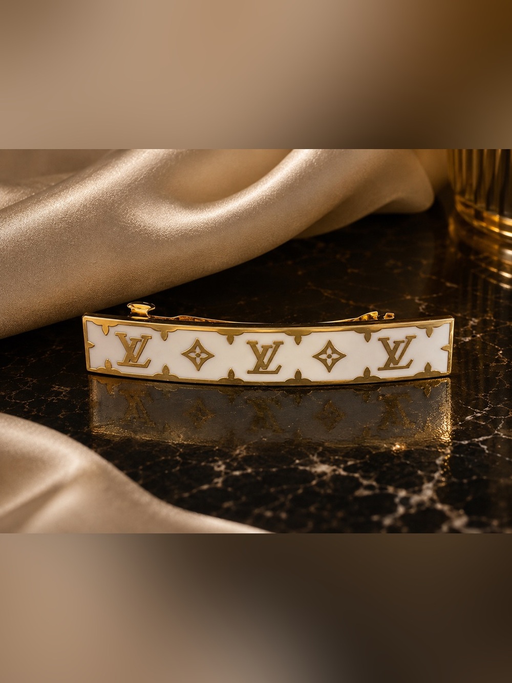 White & Gold LV Monogram Hair Barrette